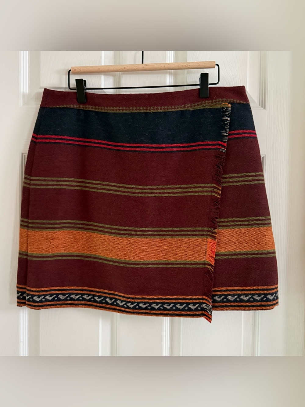 LOFT Striped Faux Wrap Mini Skirt - Southwestern Burgundy, Orange & Black